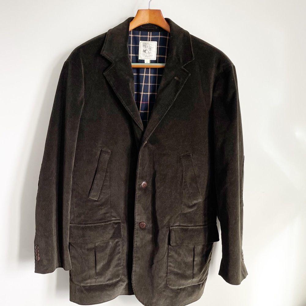 Mens Brooks Brother's Dark Brown Corduroy Hunting Game Coat with plaid lining
